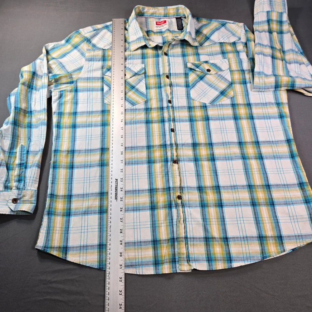Wrangler Men's Size 2XL Blue Yellow Plaid Western Long Sleeve Button Down Shirt